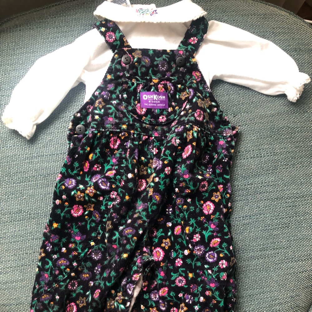 Oshkosh Vintage black corduroy floral overall with matching shirt